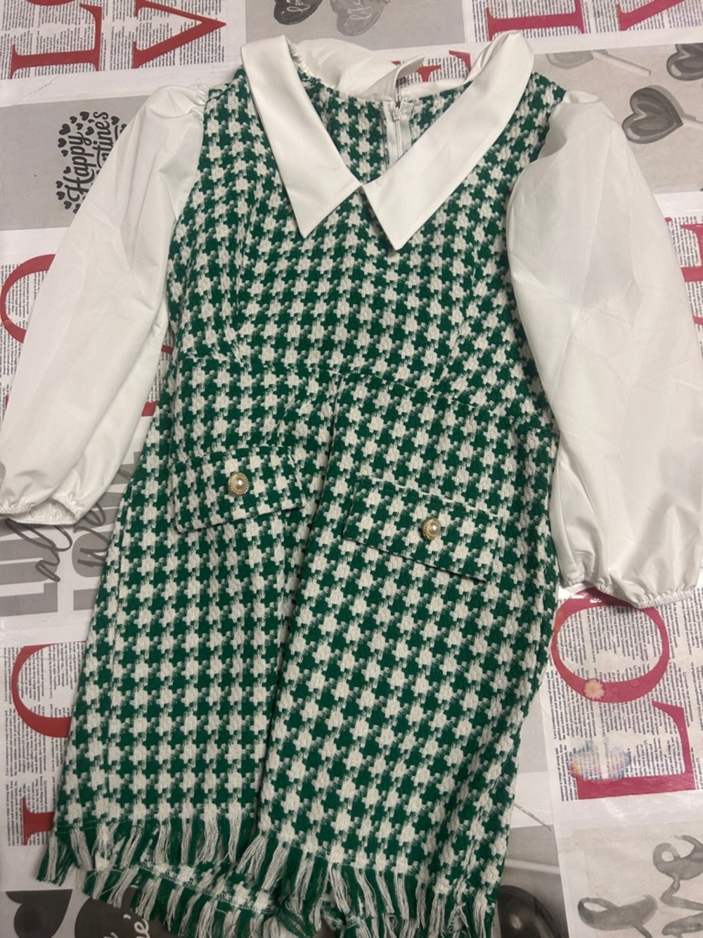 Zara Green and White Houndstooth Fringe Mini Dress